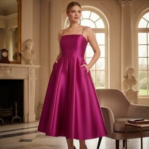 G-38 Eliza J 14 NWT Fuchsia Satin Fit & Flare Midi Dress with Pockets